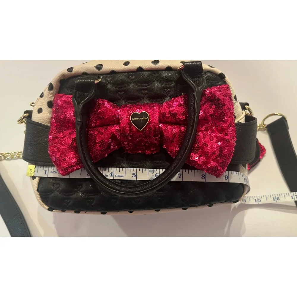 Betsy Johnson Purse Bag Handbag Black White Polka Dot Pink Sequin Bow With Strap